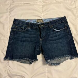 PAIGE Dark Indigo Frayed Hem Denim Shorts